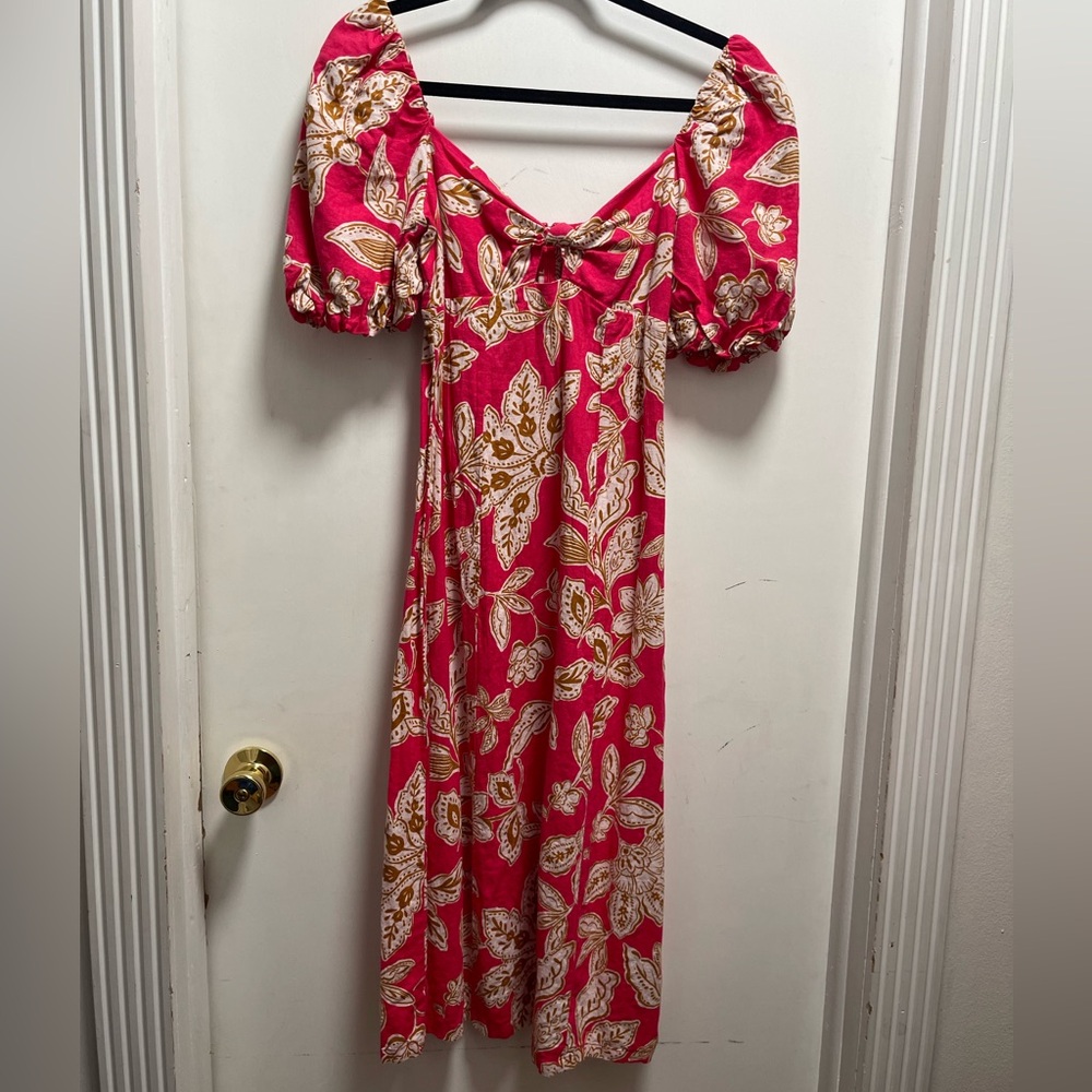 EVERY (Brand) Sz S Pink Tropical Resort Vacation Dress Puff Sleeve Front Twist